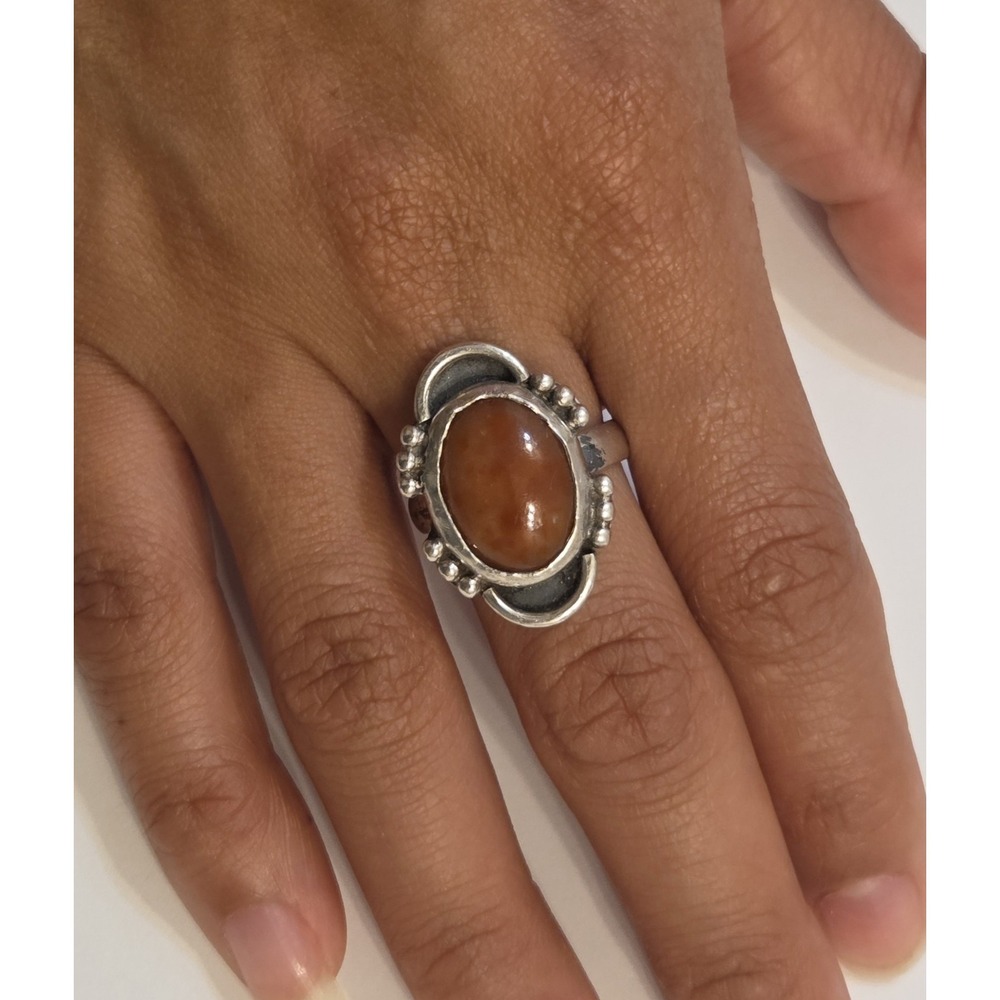 Vintage Native American Sterling Silver & Carnelian Handcrafted Statement Ring 8